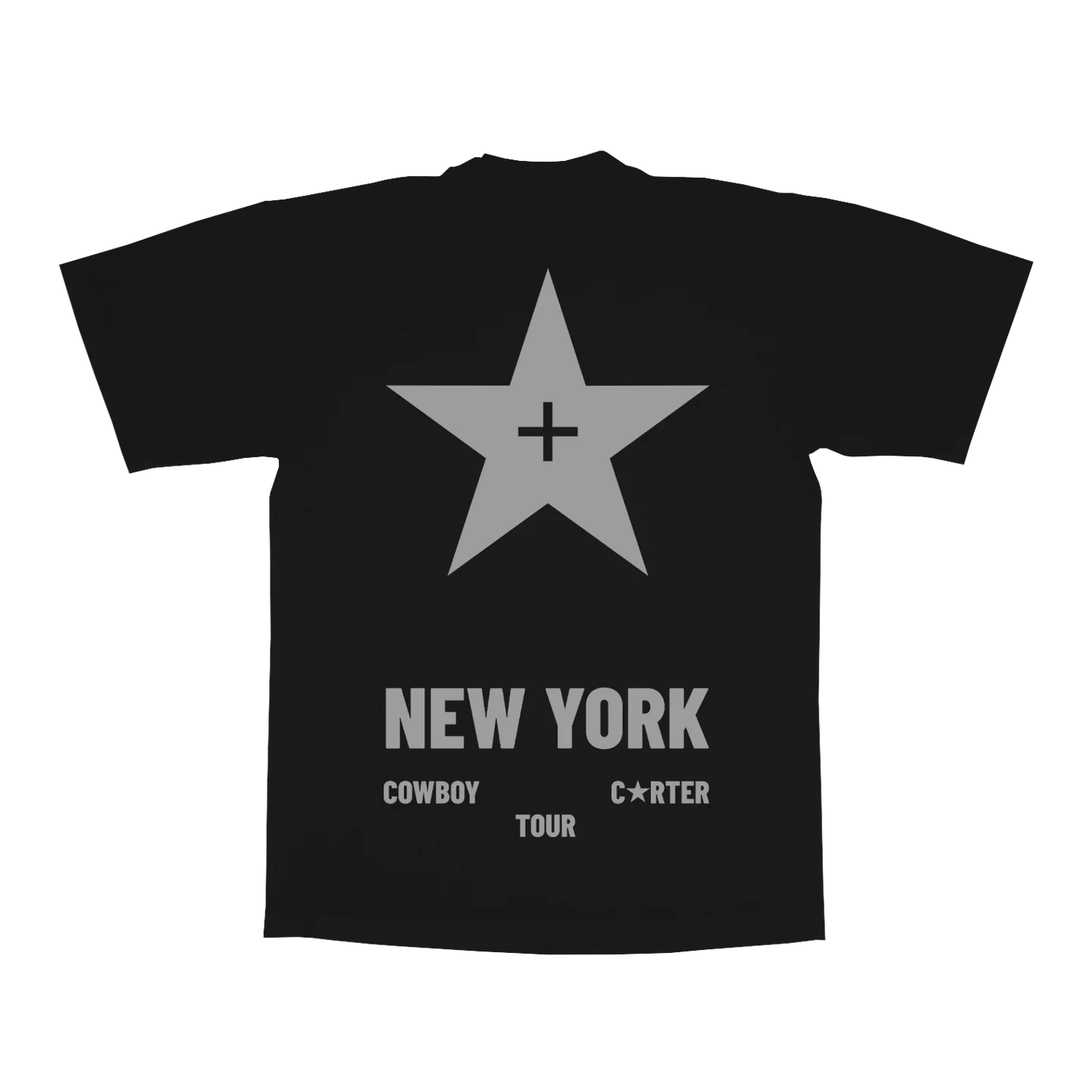 Black t-shirt back with large white star graphic and New York Cowboy Carter tour text
