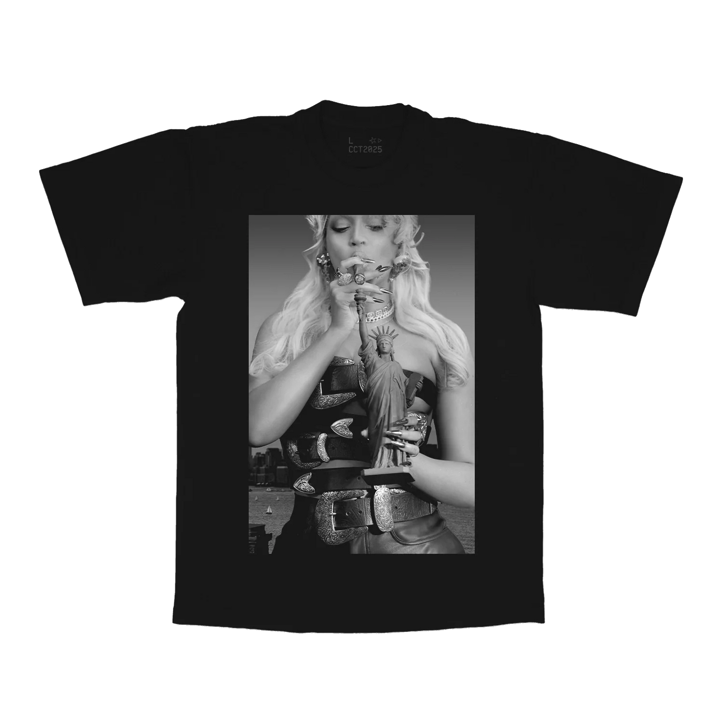 Black t-shirt front with black and white Beyoncé portrait holding Statue of Liberty graphic