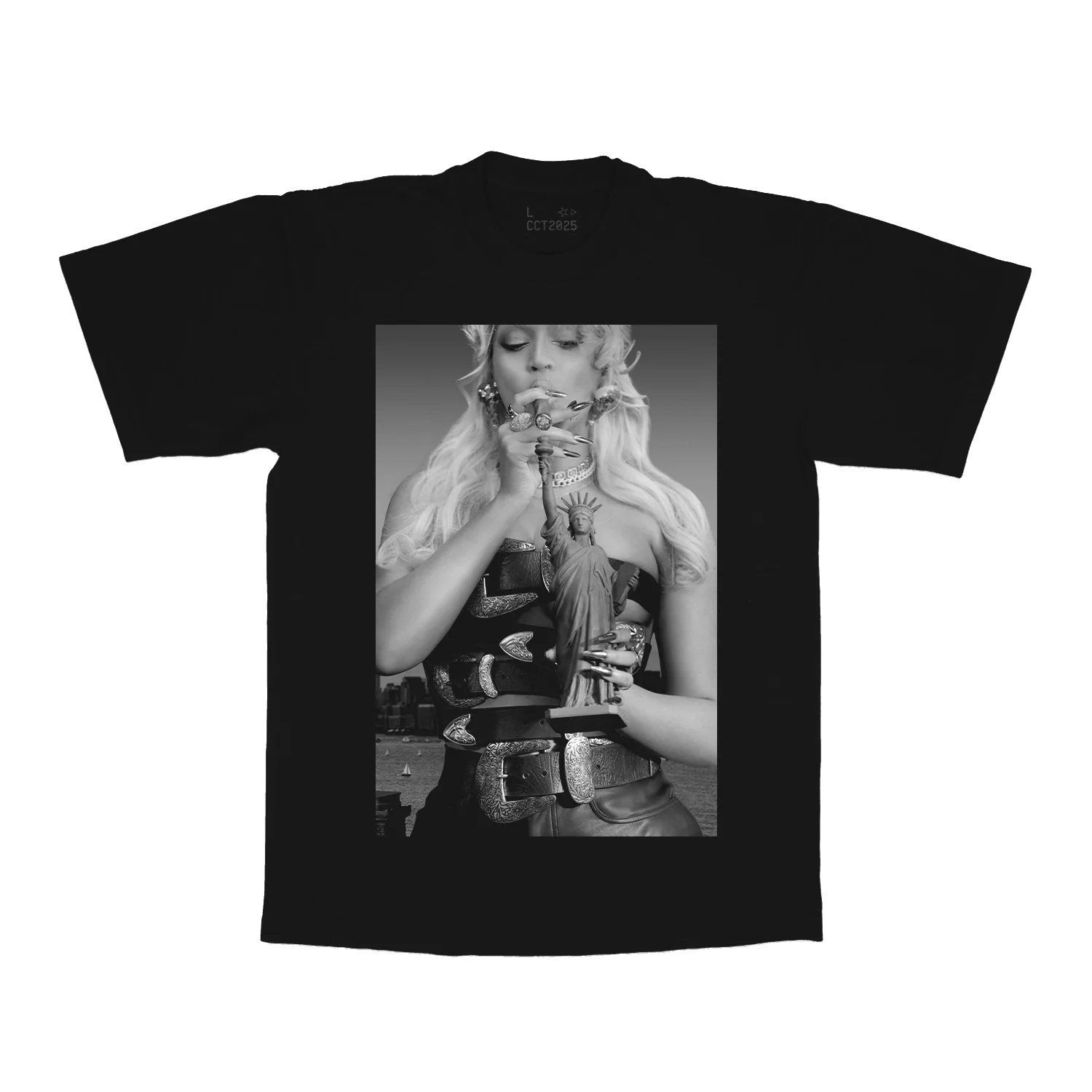 Black t-shirt front with black and white Beyoncé portrait holding Statue of Liberty graphic