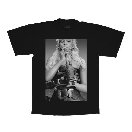 Black t-shirt front with black and white Beyoncé portrait holding Statue of Liberty graphic
