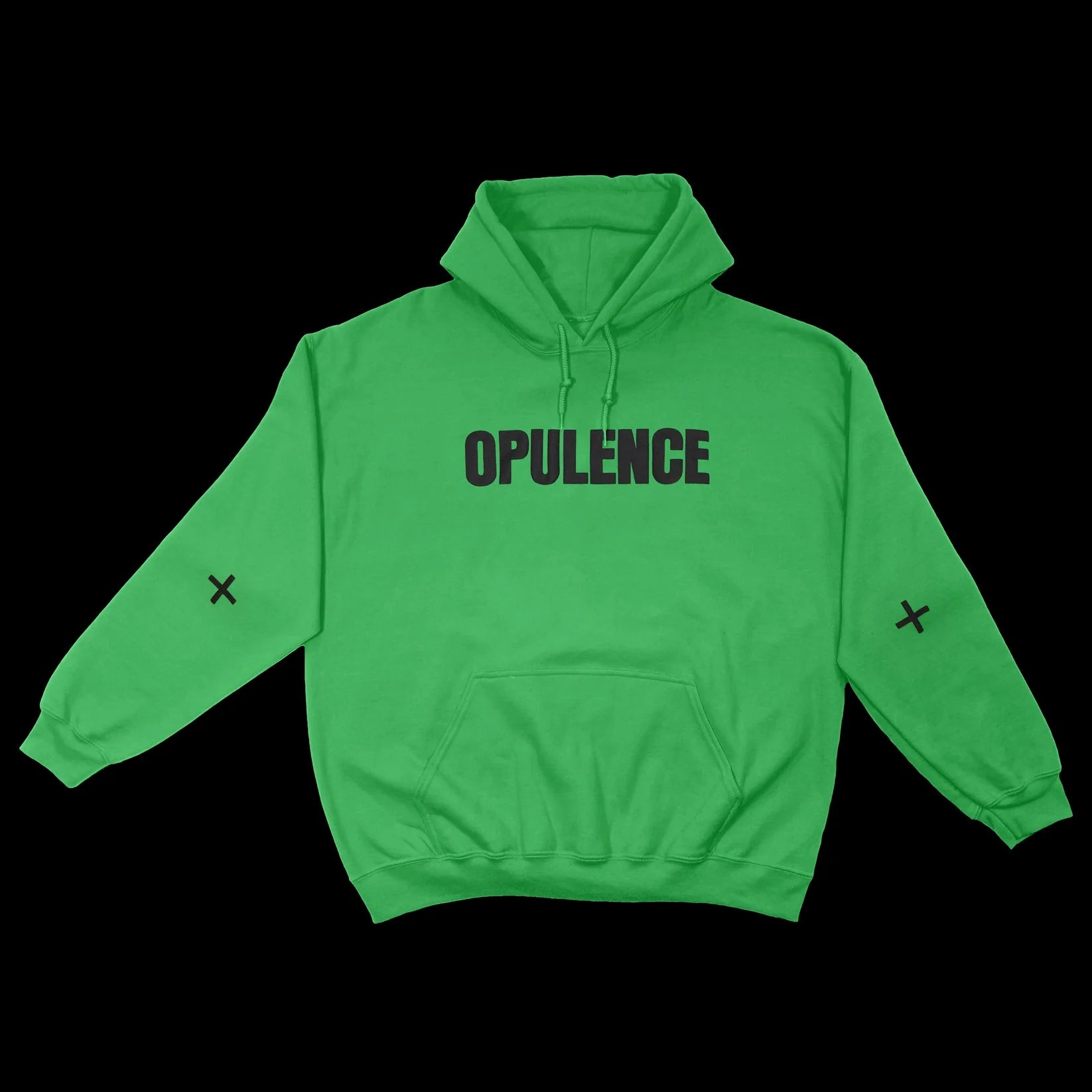 Green hoodie front featuring bold opulence text with minimalist sleeve cross details