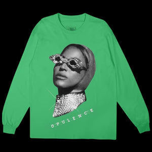 Black long sleeve tee featuring “Opulence” graphic design in bold statement print