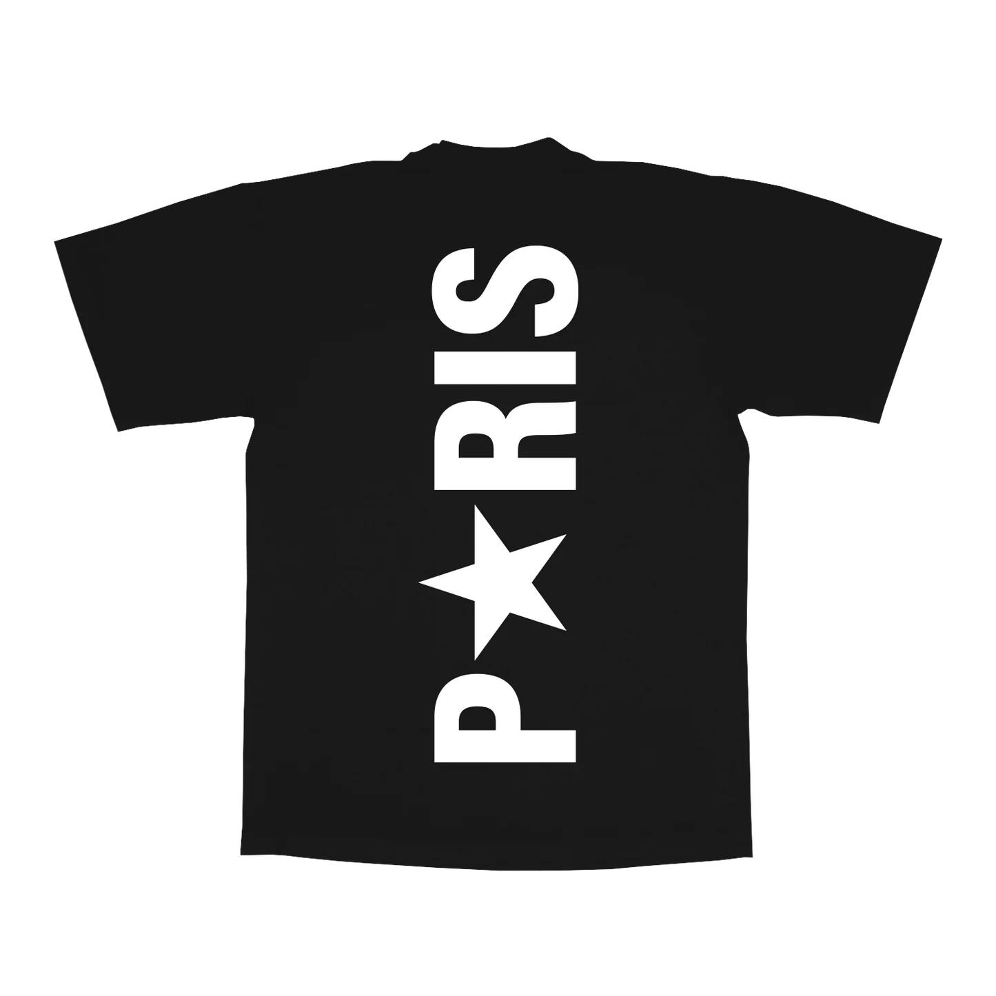 Black t-shirt back with bold vertical Paris text and star graphic in white minimalist design