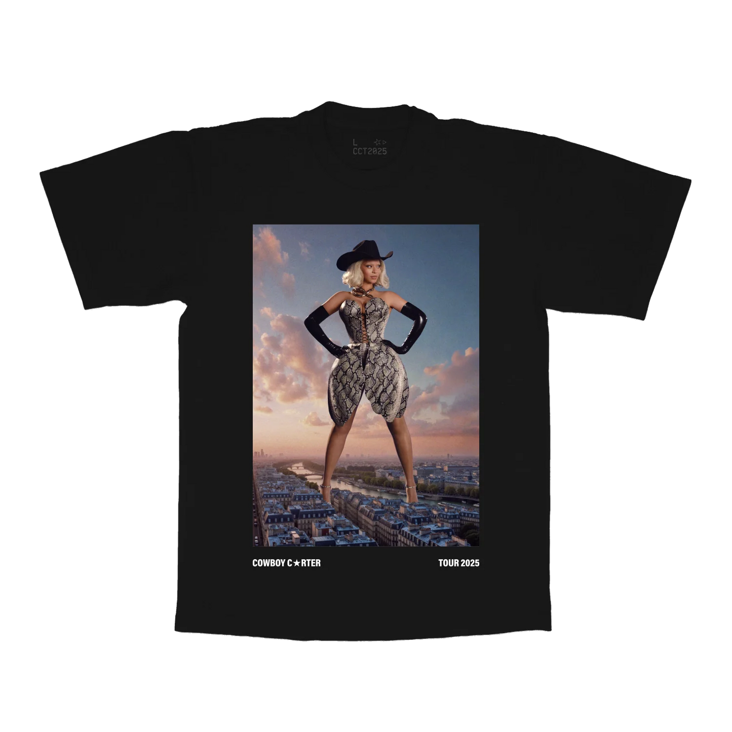 Black t-shirt front featuring Cowboy Carter Beyoncé tour graphic with western outfit over city skyline and tour 2025 text