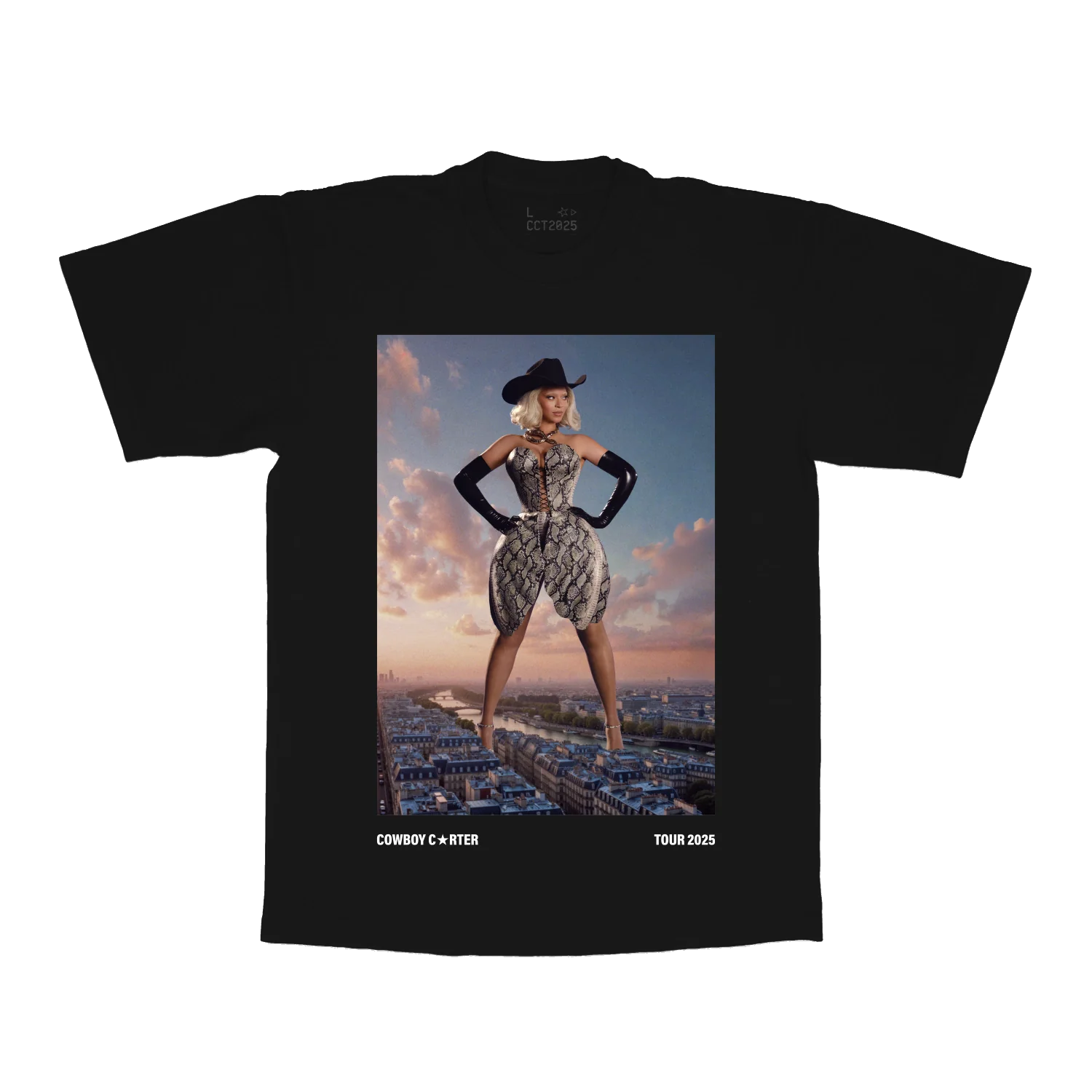 Black t-shirt front featuring Cowboy Carter Beyoncé tour graphic with western outfit over city skyline and tour 2025 text