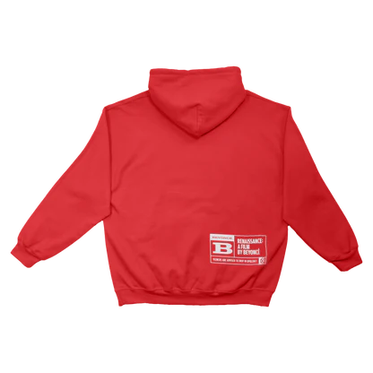 Red hoodie back with rated B label graphic inspired by renaissance film branding in white print