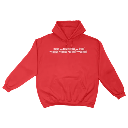 Red hoodie front featuring minimalist renaissance film credit text design in white lettering