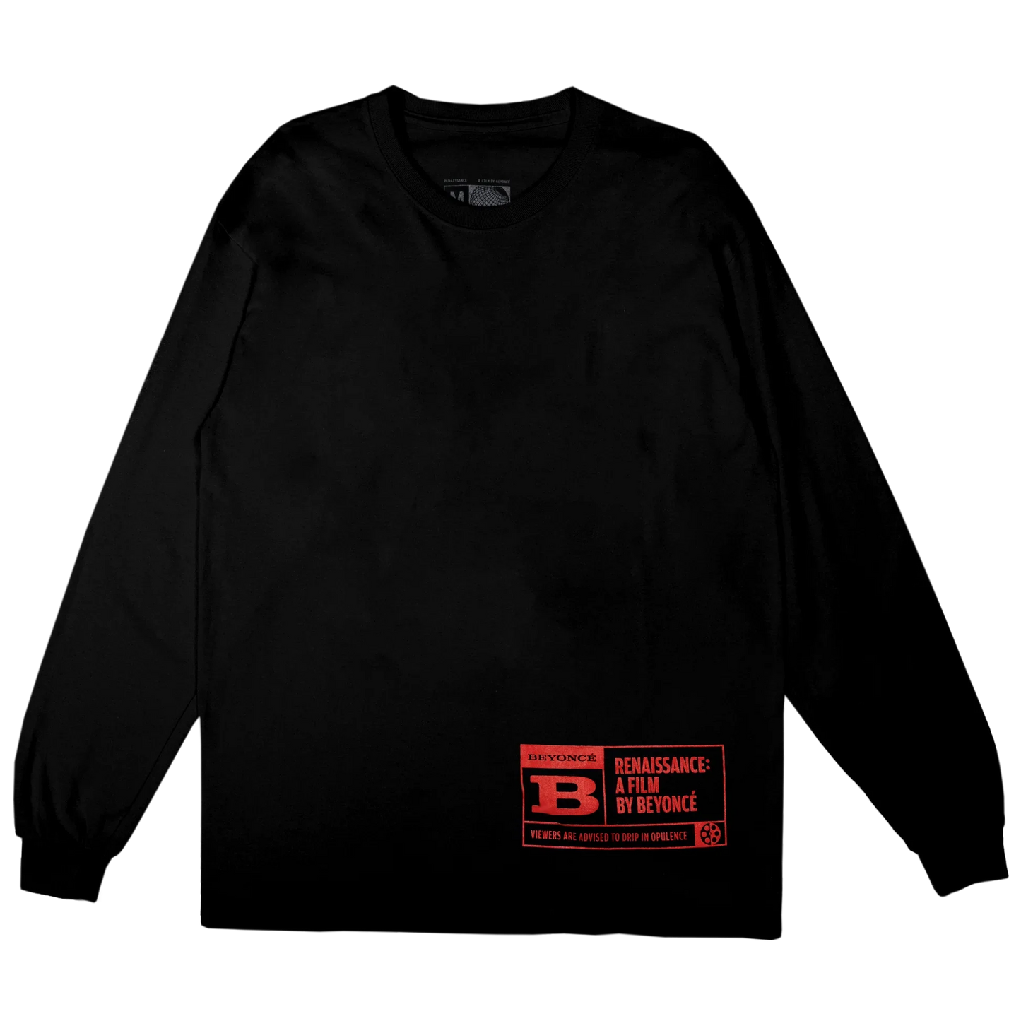 Black long sleeve t-shirt with red Renaissance film rating graphic by Beyoncé on lower front