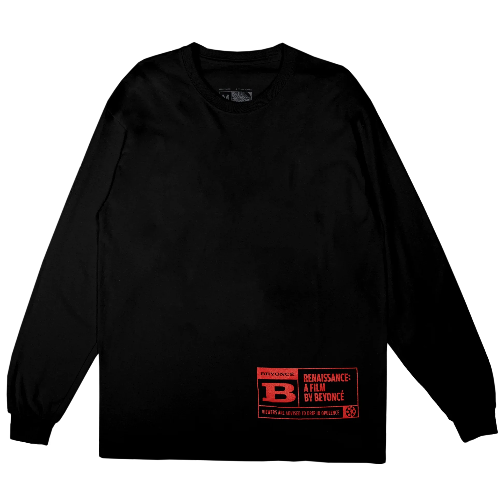 Black long sleeve t-shirt with red Renaissance film rating graphic by Beyoncé on lower front