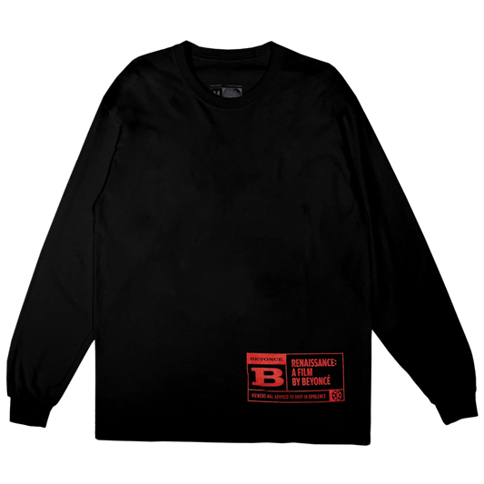 Black long sleeve t-shirt with red Renaissance film rating graphic by Beyoncé on lower front
