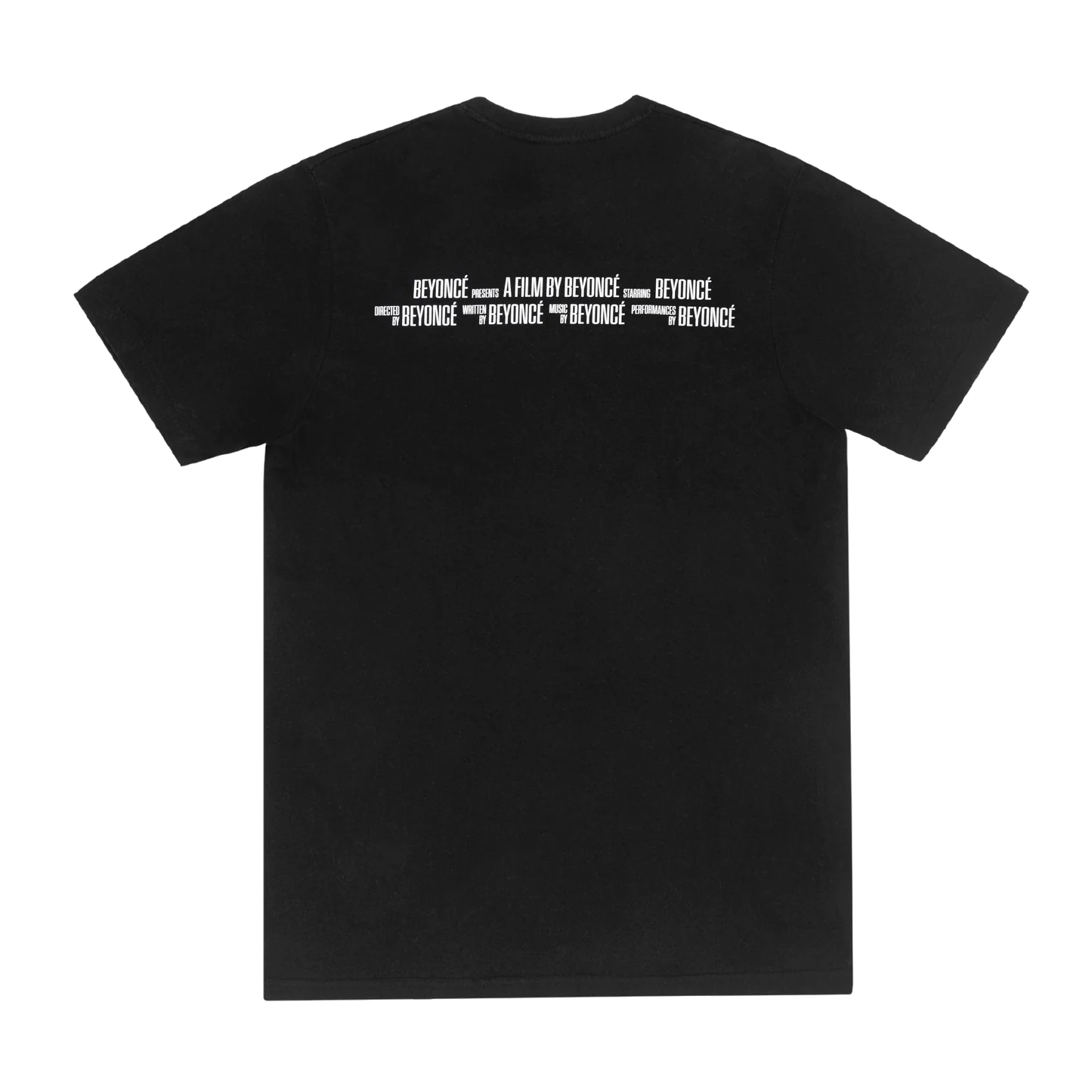 Black t-shirt back with minimalist film credit text design reading a film by Beyoncé in white lettering