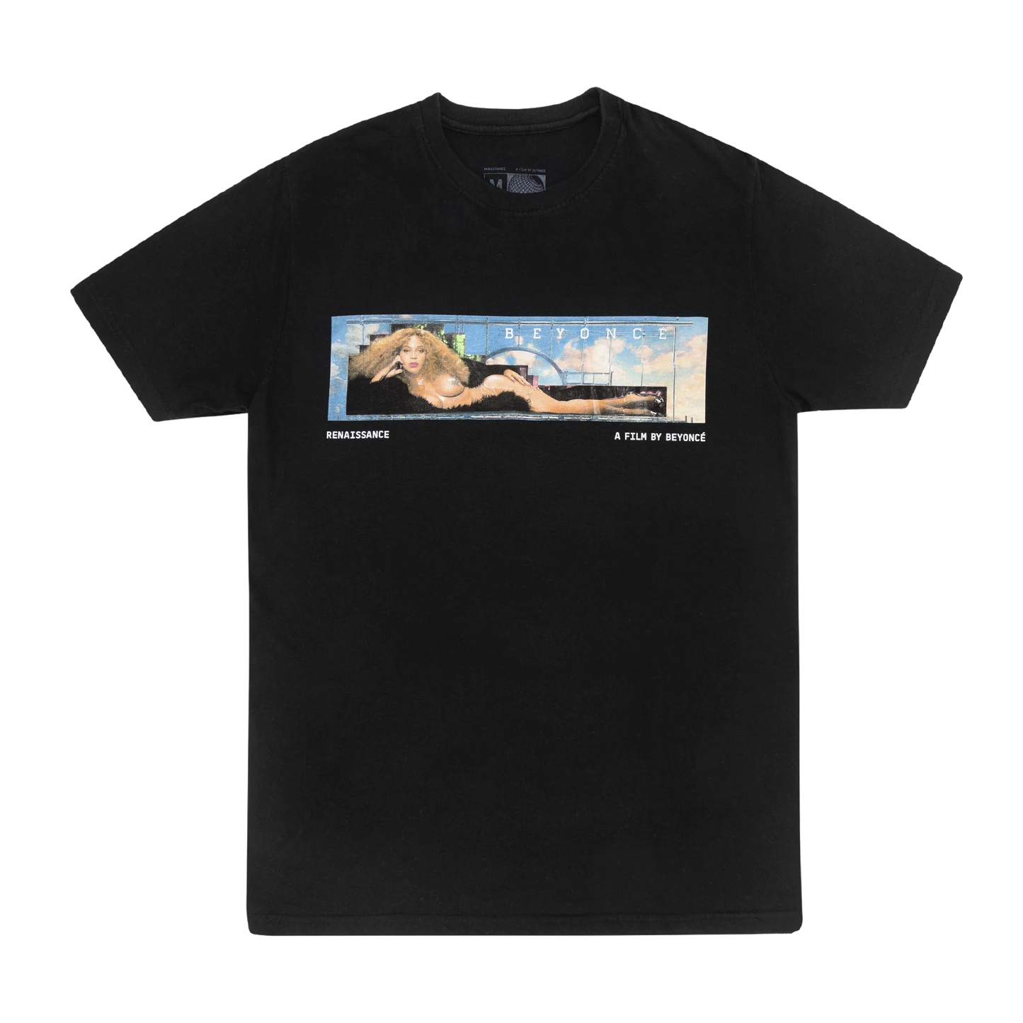 Black t-shirt front featuring Beyoncé renaissance film scene graphic with cinematic banner design