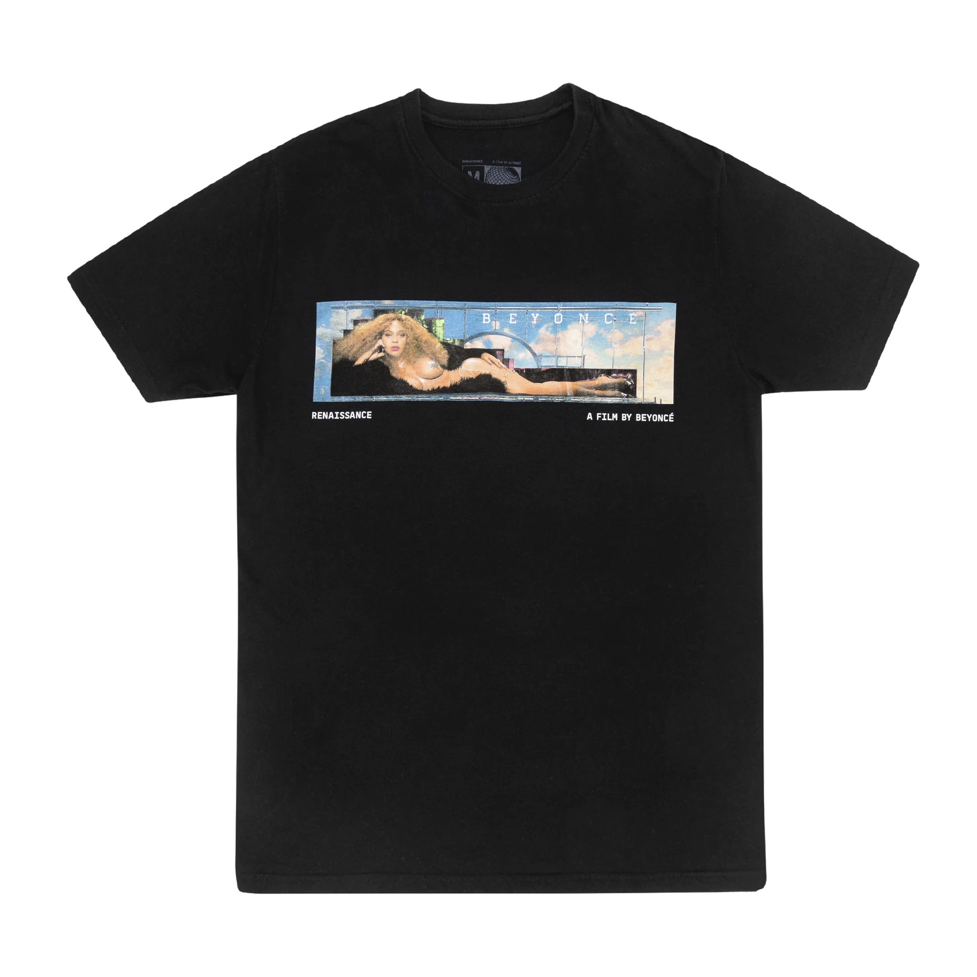 Black t-shirt front featuring Beyoncé renaissance film scene graphic with cinematic banner design