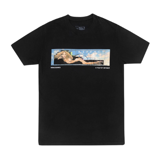 Black t-shirt front featuring Beyoncé renaissance film scene graphic with cinematic banner design