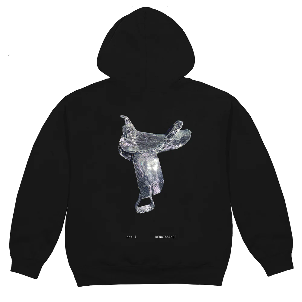Black hoodie back with silver disco horse graphic and Renaissance text detail