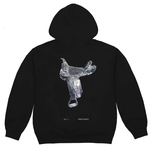 Black hoodie back with silver disco horse graphic and Renaissance text detail