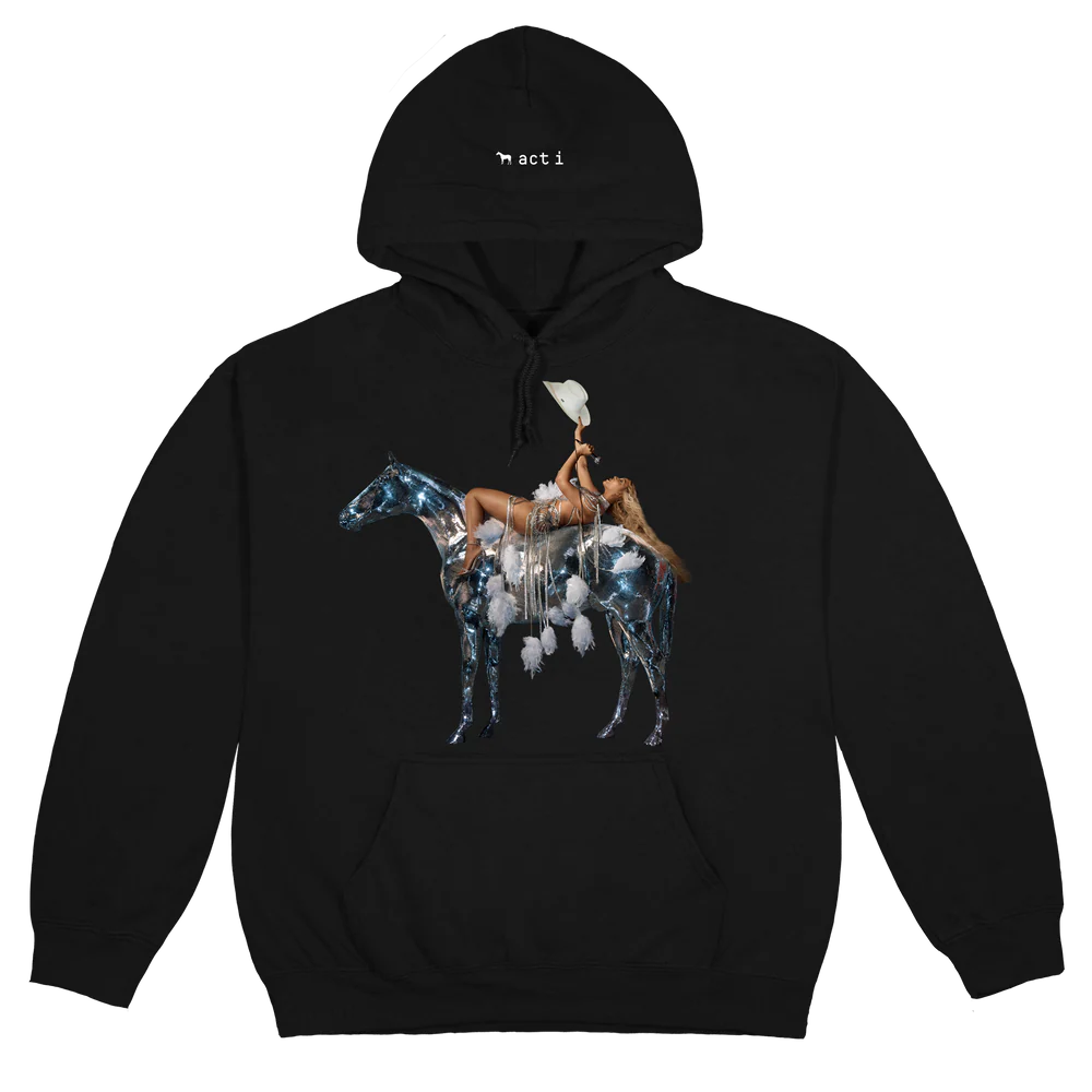 Black hoodie front featuring Beyoncé on metallic horse graphic with act i detail