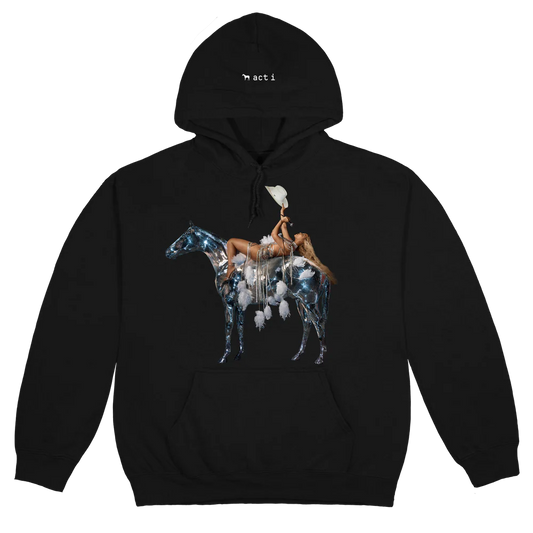 Black hoodie front featuring Beyoncé on metallic horse graphic with act i detail