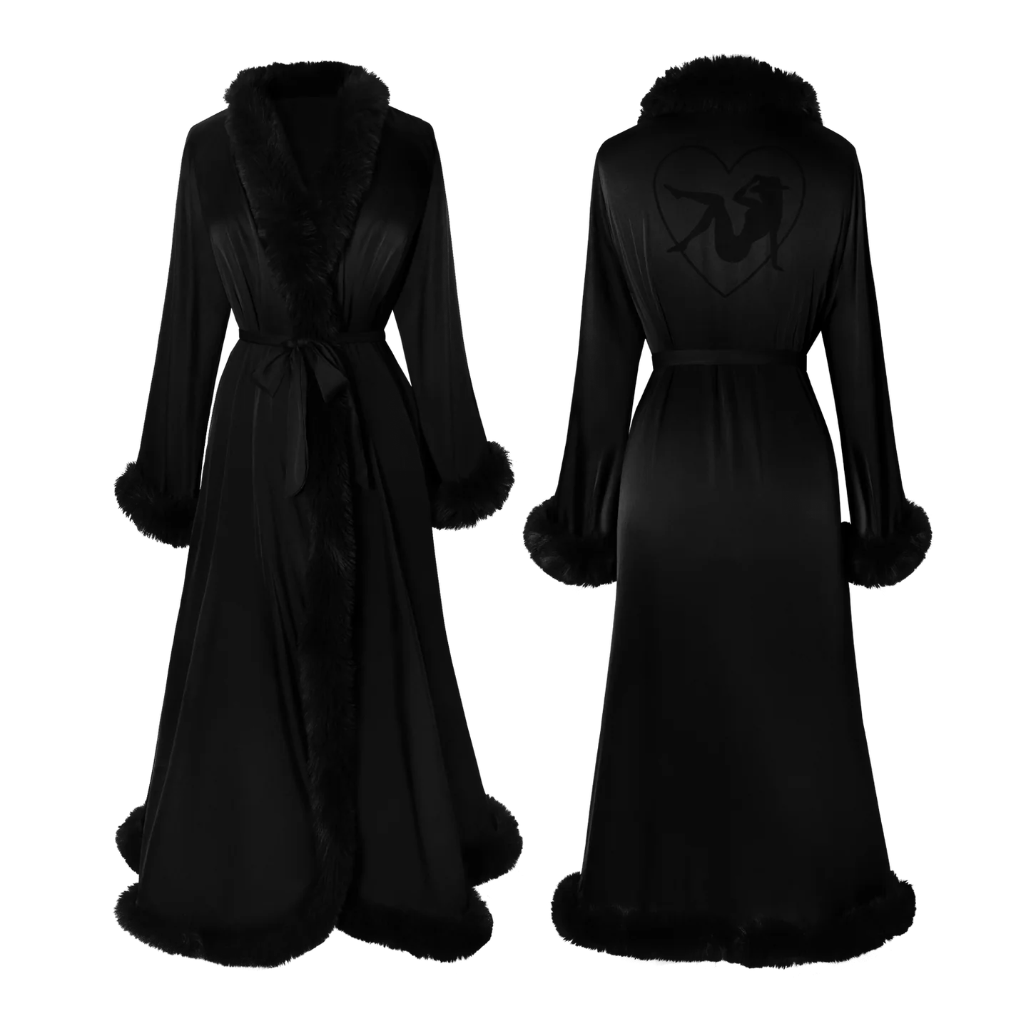 Black satin robe front and back view showing full length design with fur trim details