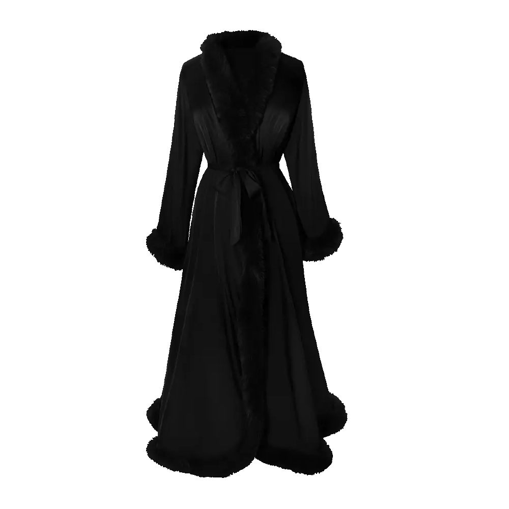 Black satin robe front with tie waist and plush fur trim detailing