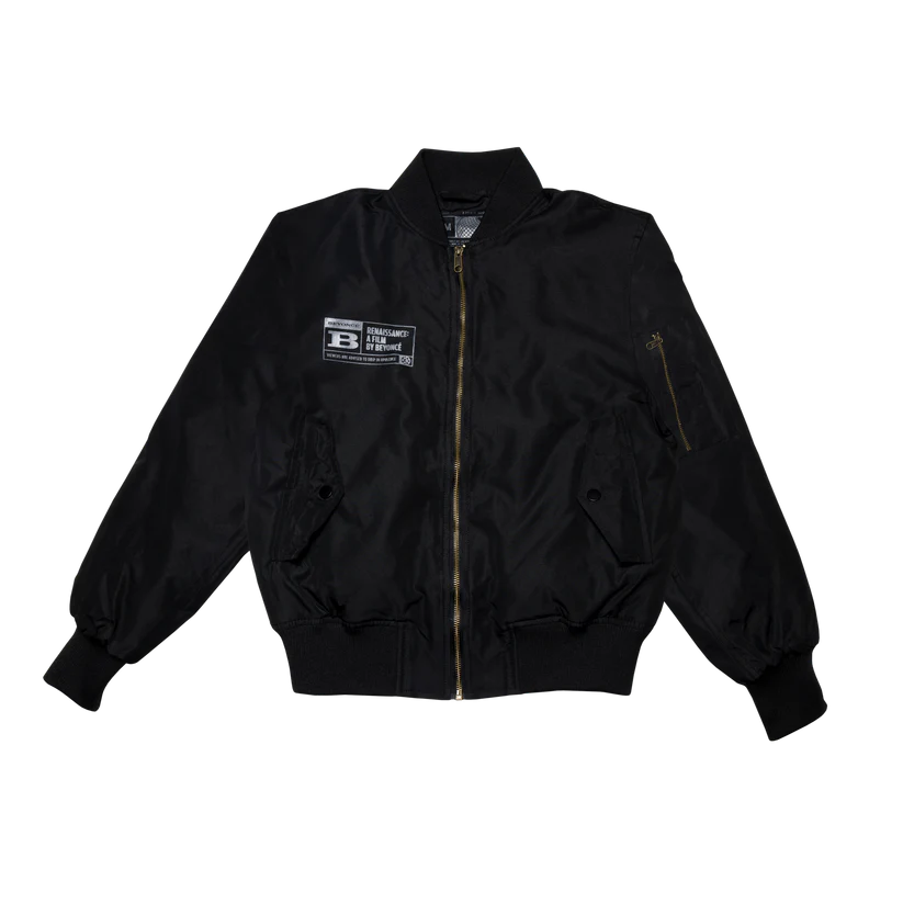 Black bomber jacket with zipper front and Renaissance film rating patch on chest