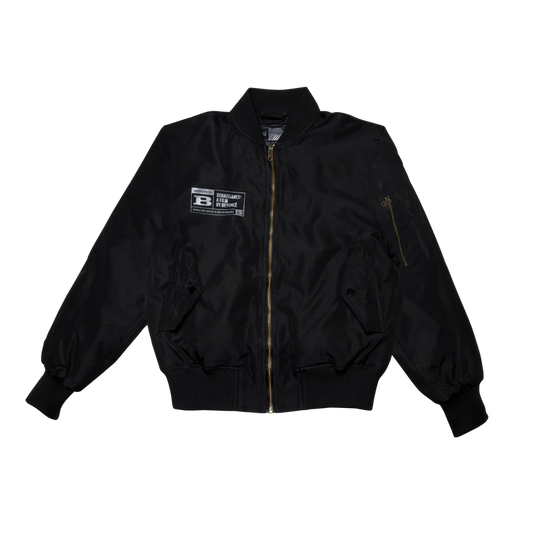 Black bomber jacket with zipper front and Renaissance film rating patch on chest