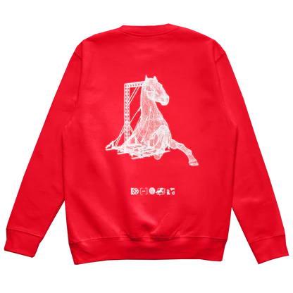 Red crewneck sweatshirt with white horse graphic and structural design on back inspired by Renaissance theme