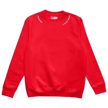 Red crewneck sweatshirt featuring subtle Beyoncé text detail near neckline
