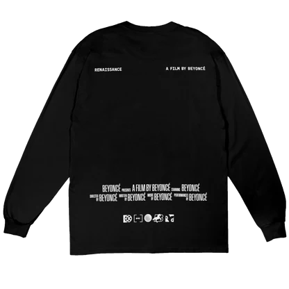 Black long sleeve t-shirt front featuring white horse graphic with renaissance aesthetic design
