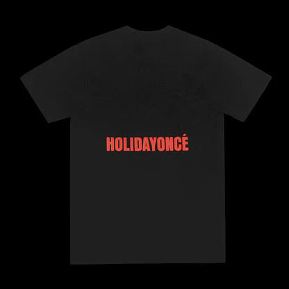 Black t-shirt back with red “HOLIDAYONCÉ” text print