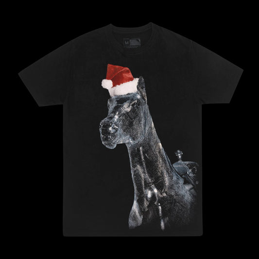 Black t-shirt featuring silver horse graphic wearing Santa hat festive design
