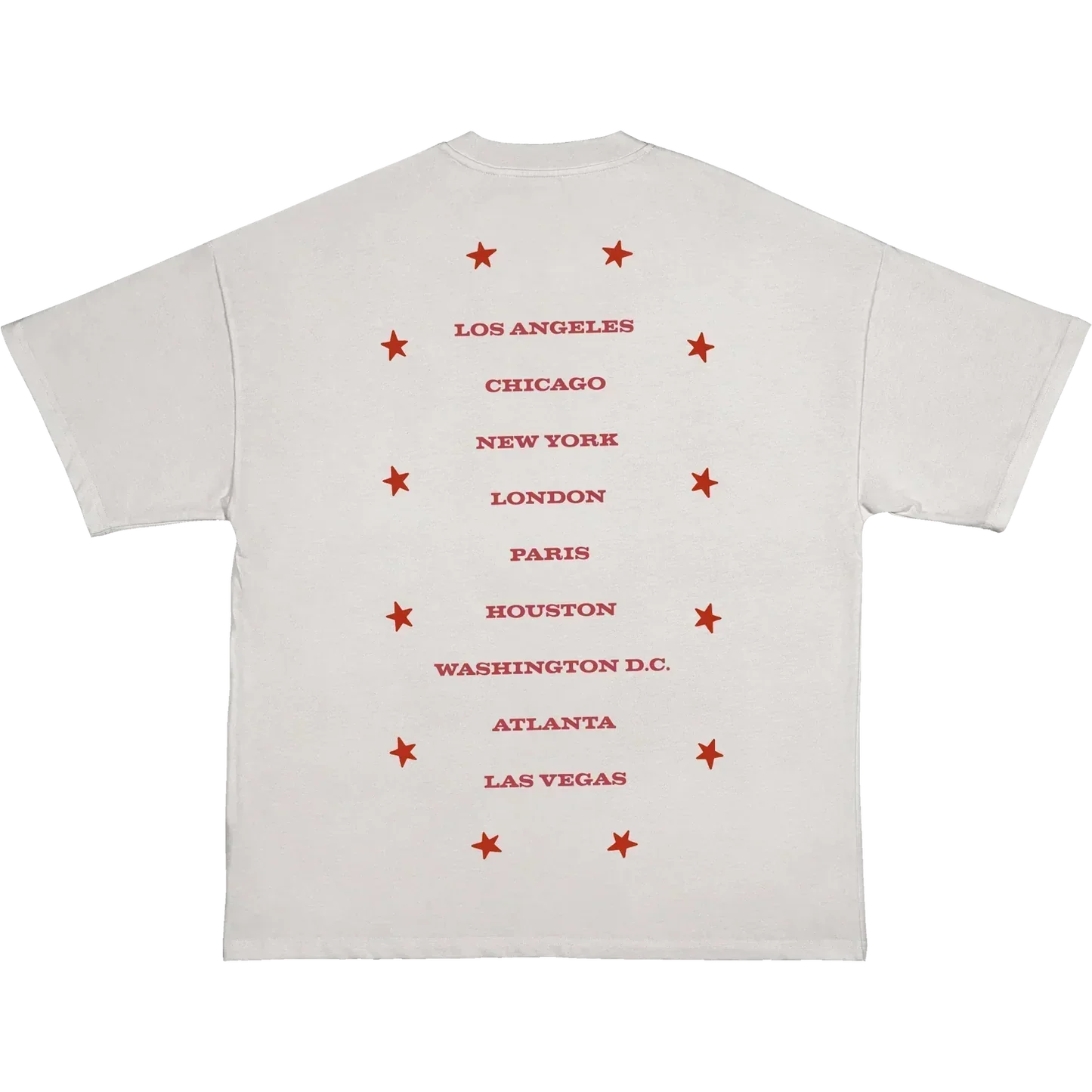 White t-shirt with red tour cities list and star graphics including Los Angeles, New York, London and more