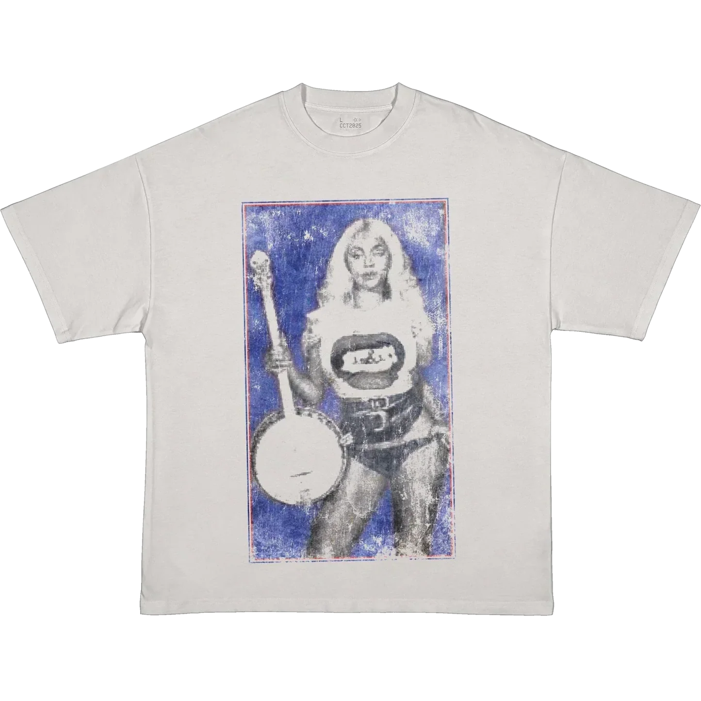White t-shirt featuring vintage style Beyoncé graphic holding banjo on blue textured background