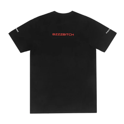 Black t-shirt back with bold red BZZZBITCH text graphic and subtle sleeve detailing