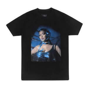 Black short sleeve t-shirt front with minimal red text graphic