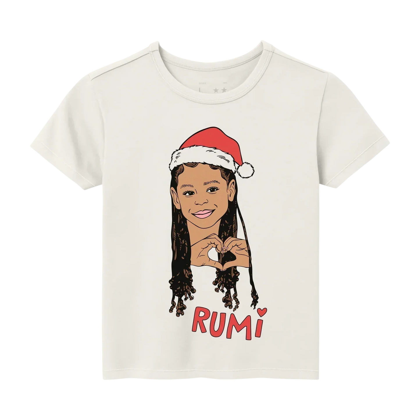 White youth t-shirt featuring cartoon Rumi with Santa hat and heart hand gesture graphic