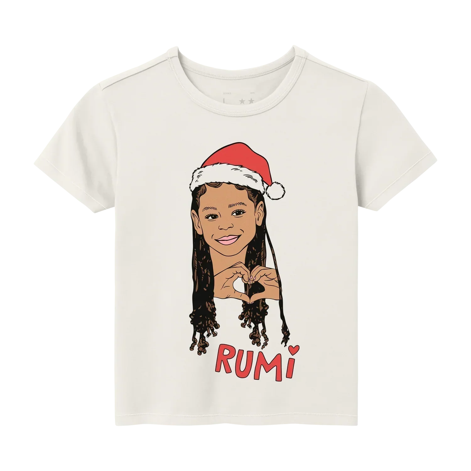 White youth t-shirt featuring cartoon Rumi with Santa hat and heart hand gesture graphic