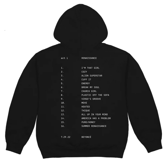 Black hoodie back with Renaissance tracklist text print and Beyoncé branding