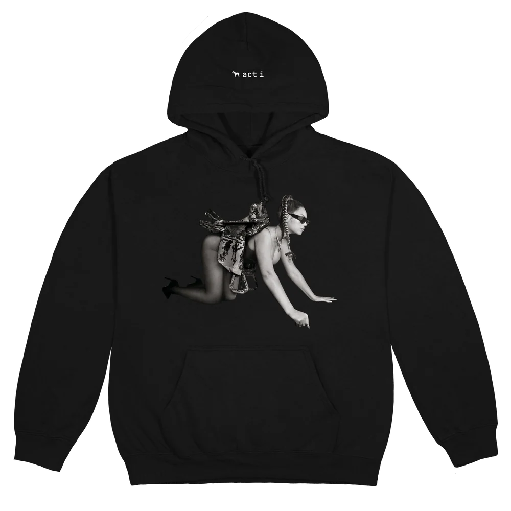 Black hoodie front with grayscale Beyoncé graphic in saddle pose and act i text on hood