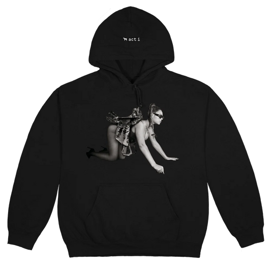 Black hoodie front with grayscale Beyoncé graphic in saddle pose and act i text on hood