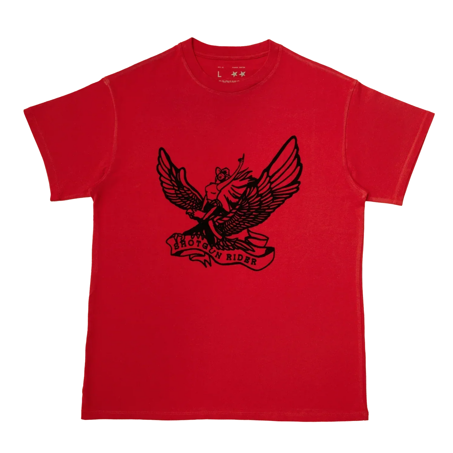 Red t-shirt front featuring black shotgun rider eagle graphic with winged figure and western style illustration