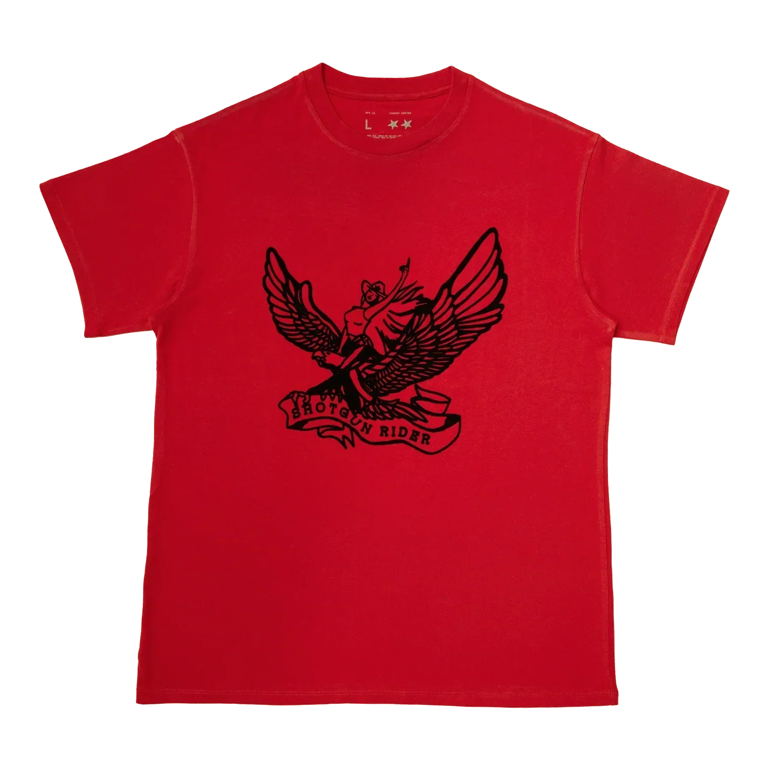 Red t-shirt front featuring black shotgun rider eagle graphic with winged figure and western style illustration