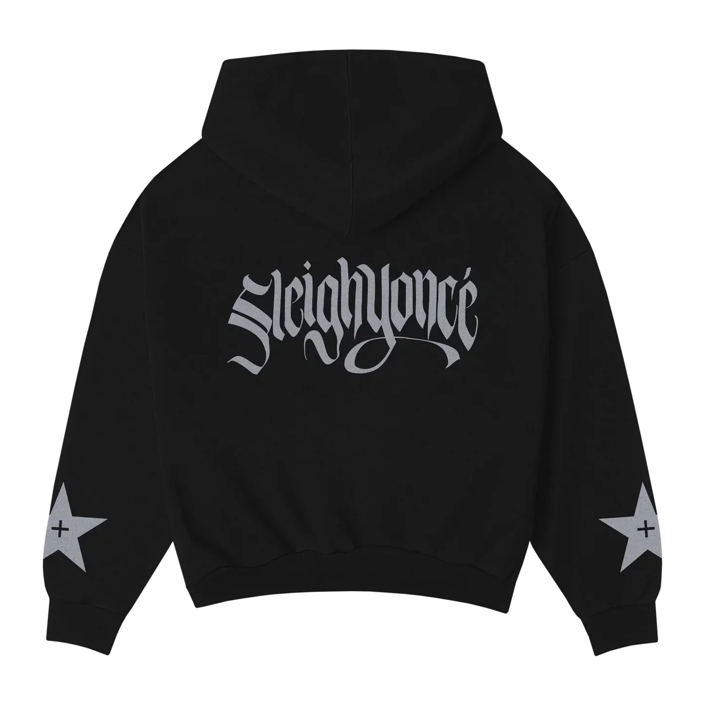 Black hoodie back with silver “Sleighoncé” gothic text and star sleeve details