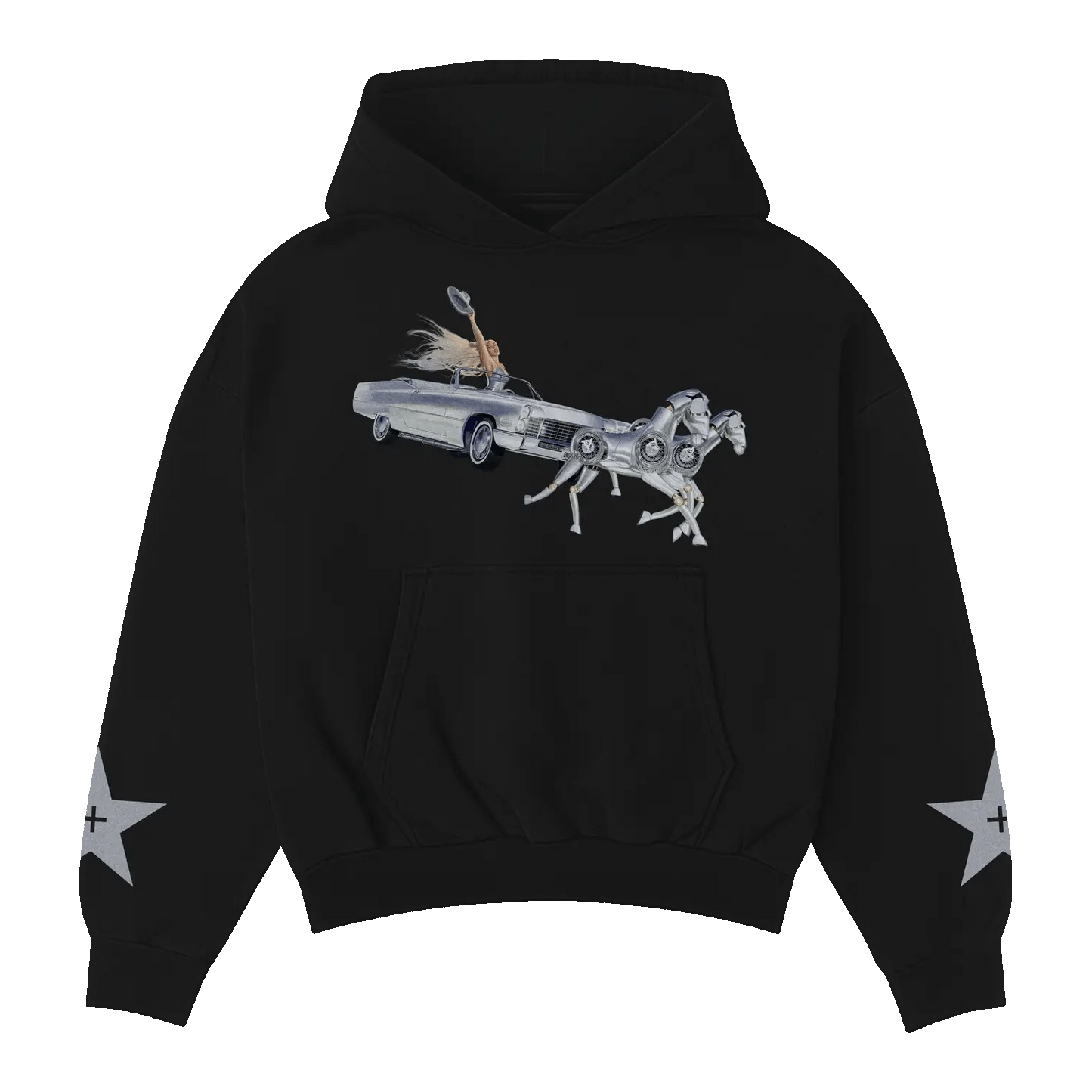 Black hoodie featuring Beyoncé riding a chrome horse car graphic with raised arm design