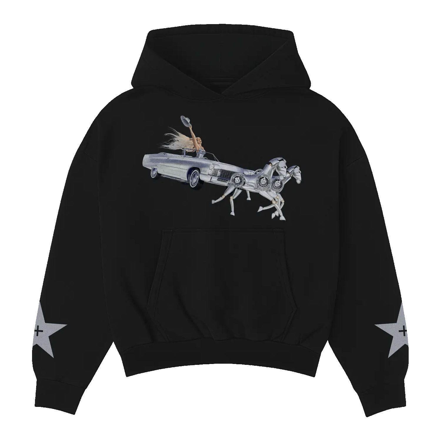 Black hoodie featuring Beyoncé riding a chrome horse car graphic with raised arm design