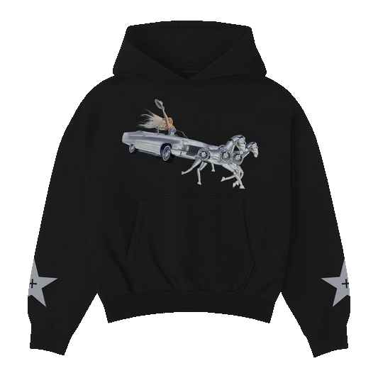 Black hoodie featuring Beyoncé riding a chrome horse car graphic with raised arm design