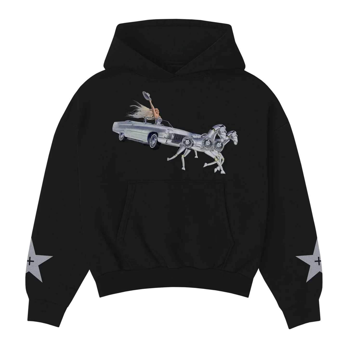 Black hoodie featuring Beyoncé riding a chrome horse car graphic with raised arm design