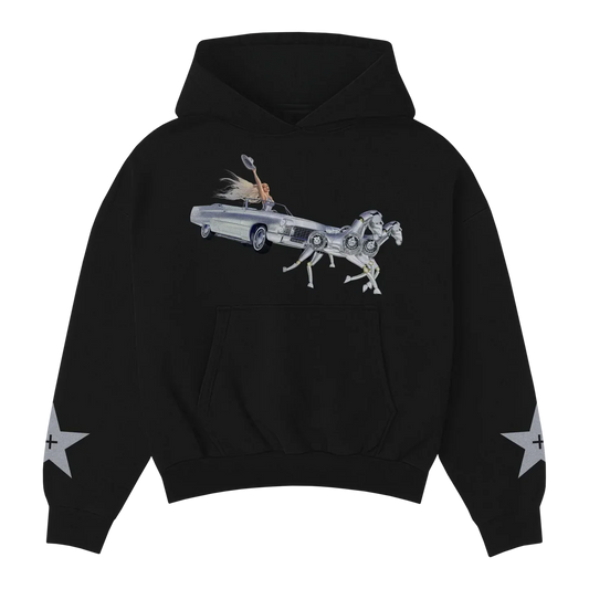 Black hoodie featuring Beyoncé riding a chrome horse car graphic with raised arm design