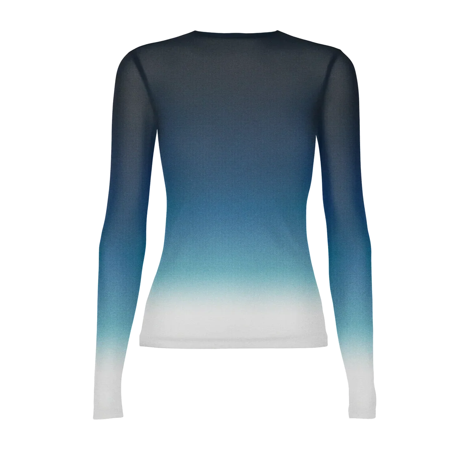 Blue gradient mesh long sleeve top back view with minimal design and fitted silhouette