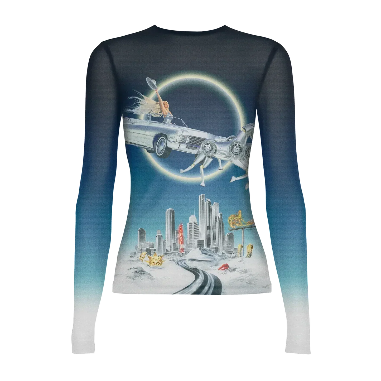 Fitted mesh long sleeve top with futuristic car artwork and glowing halo design on blue gradient fabric